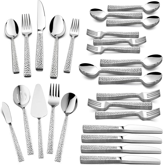 HaWare 65-Piece Hammered Flatware Serving Set, Stainless Steel Silverware Cutlery Set for Home/Hotel/Restaurant, Service for 12, Elegant & Classic Design, Dishwasher Safe-Square Edge