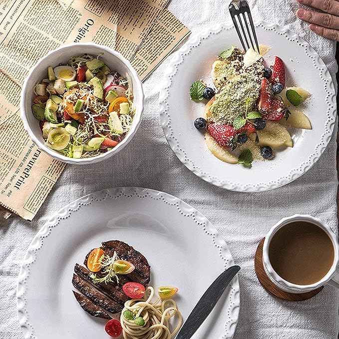 Dinnerware Set Dinner Party Tableware Service Set Ceramics Dinner Sets, 24 Pieces White Vintage Relief Porcelain Dinnerware Set | Nordic Style Cereal Bowl Steak Plate and Mug, FPYY2024040817