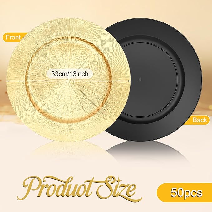 50Pcs Gold Charger Plates Bulk Round Plastic Dinner Charger Serving Plates for Wedding Chargers Plate for Tabletop Decor Christmas,13in(50pcs-Gold)