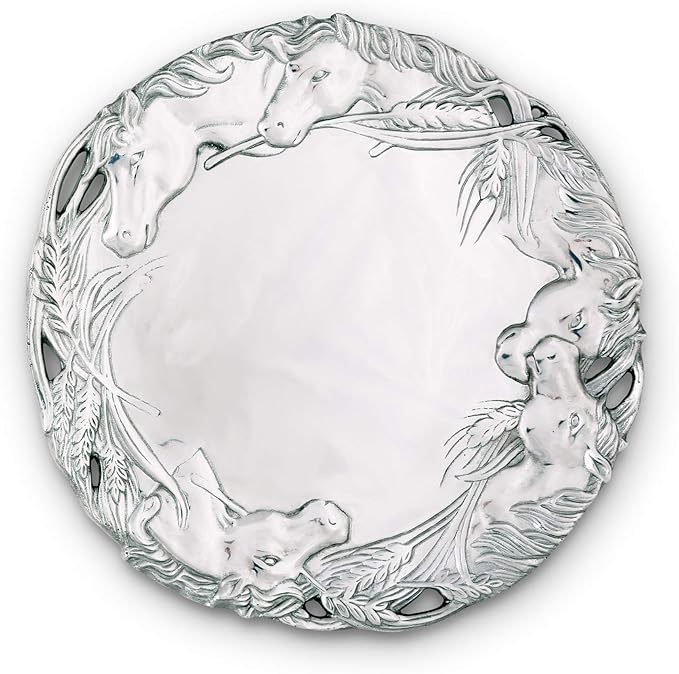 Arthur Court Aluminum Equestrian Horse Design Round Serving Tray Platter, 12-Inch Diameter, Detailed Stallion and Wheat Motif, Food-Safe and Versatile