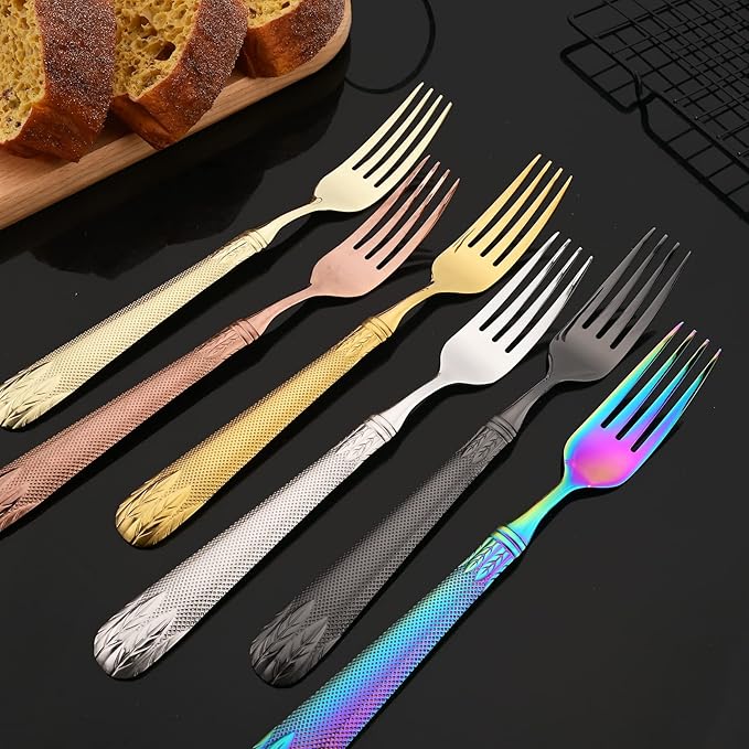 JASHII Copper 304 Stainless Steel Hammered Silverware Set with Wheat Spike Pattern, Modern Eating Tableware Flatware Set, Service for 6. Flat Handle, Dishwasher Safe - Shiny Rose Gold