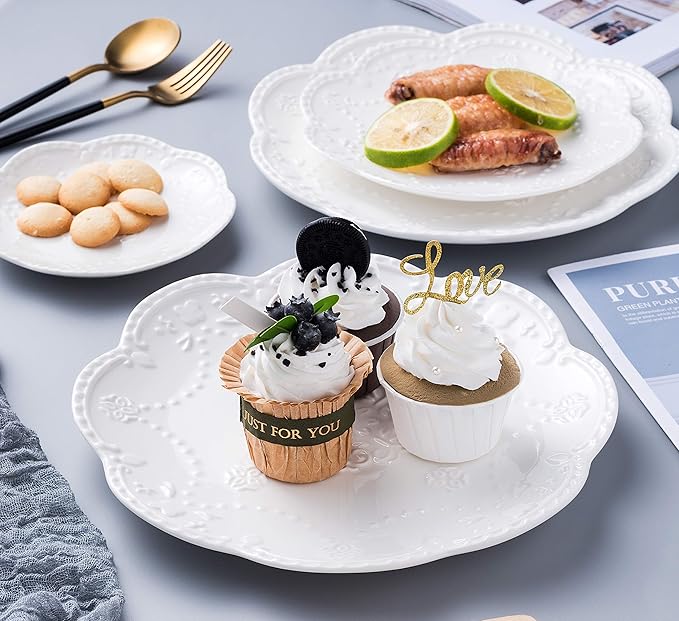 Jusalpha Embossed Lace Porcelain Plate-Dinner Plate Set, Pasta/Salad/Dessert Plate， Tableware Set for Restaurant Family Party Kitchen Use -4 Pieces, FD-PL15 (10 Inche, White)