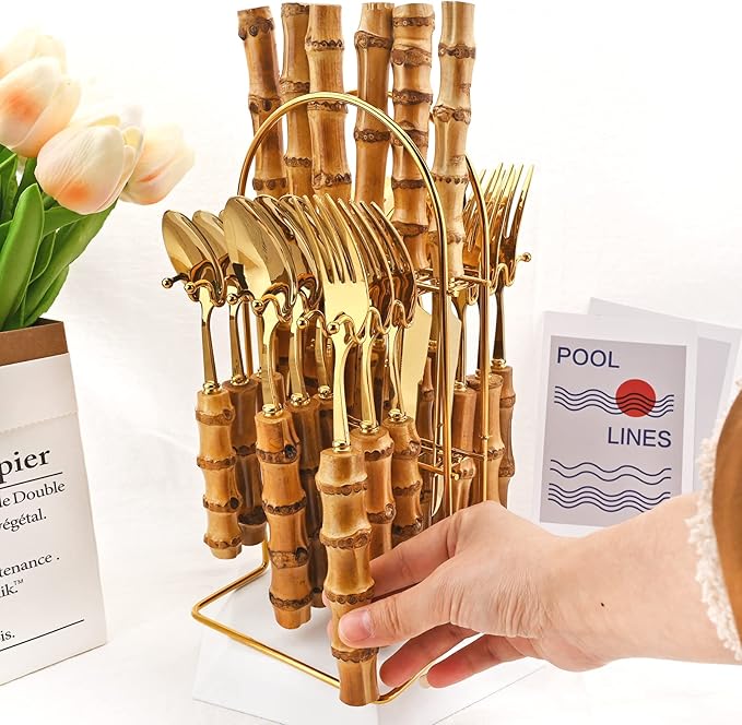 24-Piece Gold Stainless Steel Flatware Set, Bamboo Handle Cutlery with Stand Dinnerware Set Include Knife Fork Spoon And Teaspoon, Service For 6, Mirror Finished.