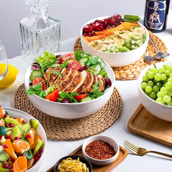 DELLING 60 Oz Large Serving Bowls Set, 8" White Soup Bowls Salad Bowls Serving for Kitchen, Ceramic Mixing Bowls For Eating Pasta, Noodle, Fruit Vegetable, Ramen, Microwave & Dishwasher Safe, 3 Pack