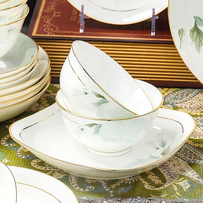 Bone China Dinner Set, Porcelain White Dinnerware Kitchen Dinning Round Tableware Combination Set with Cereal Bowls Dessert Plates and Soup Plates,