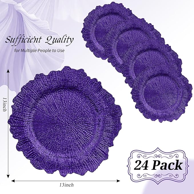 24 Pack Purple Charger Plates Bulk, 13" Plastic Reef Chargers for Dinner Plates, Round Charger Plate with Floral Reef Design for Dinner Wedding Party Table Setting Decoration
