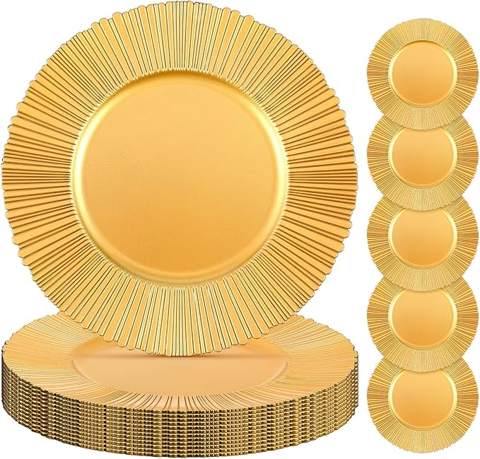 Yaomiao 12 Pcs 13 Inch Gold Charger Plates Bulk Plastic Plates Chargers Round Dinner Chargers for Wedding Party Table Setting Bridal Shower Event Decor (Gold)