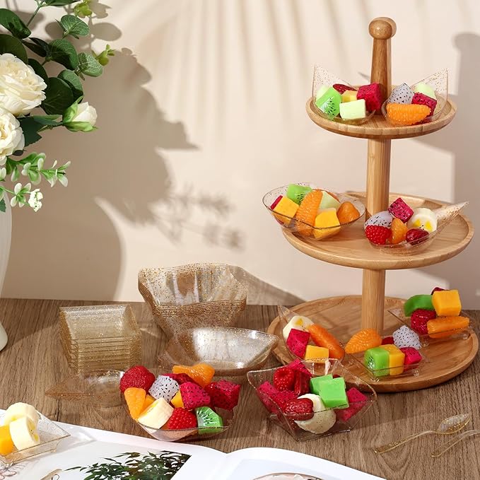 Tessco 200 Pcs Mini Appetizer Plates with Spoons Forks Disposable Mini Dessert Plates Plastic Appetizer Bowls Tiny Individual Serving Trays for Party(Gold Glitter,Classic)