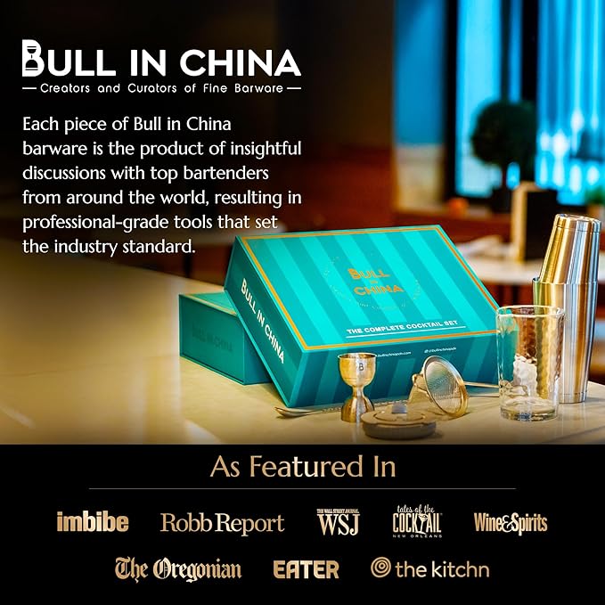 Shaken & Stirred Cocktail Set by Bull in China - Premium Bartender Gift Set w/ 2 Piece Weighted Shaker, Hammered Jigger, Hawthorne Strainer, Fine Mesh Strainer, Mixing Glass & Barspoon (Copper)