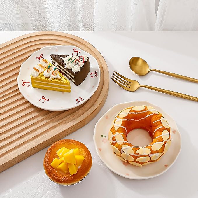 Koythin Ceramic Dessert Plates, Cute Fruits Dinner Plate, Printed Flowers Dinnerware for Office and Home, Kitchen Plates for Desserts (Double Flowers Blossoming)