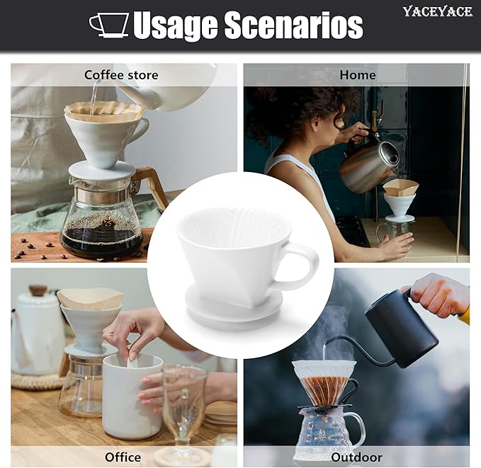 Pour Over Coffee Maker, Single White Ceramic Pour Over with 3 Holes, Medium Coffee Dripper for Shop, Home, Office and Bar