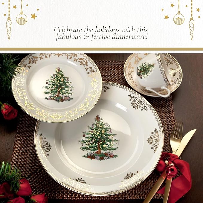 Spode Christmas Tree Gold Dinner Plate (Set of 4) – 10 Inch Porcelain Dinner & Appetizer Dish, Holiday-Themed Serving Plate, Microwave & Dishwasher Safe, Festive Collectible Seasonal Dining