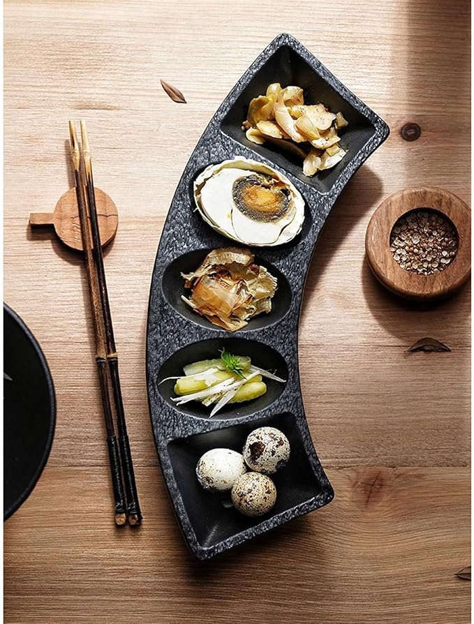 Sauce Dish Home Simple Multi-Compartment Seasoning Dish Creative Ceramic Restaurant Sauce Dish Appetizer Dish Snack Dish Snack Plate(Black)