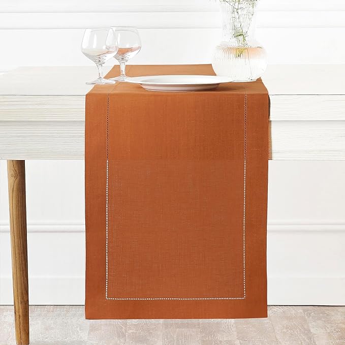 D'Moksha Homes Linen Rust Table Runner 108 Inches Long - 100% Pure Linen 14 x 108 Inch Table Runner for Winter, Christmas, Holiday, New Year - Classic Hemstitch