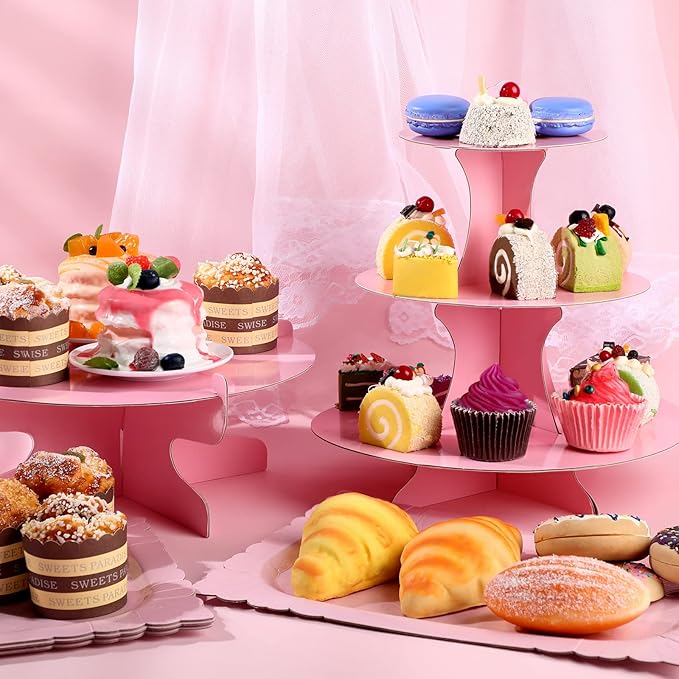 Zopeal 7 Pieces Cake Stand Set 3-Tier Cardboard Cupcake Stand 1-Tier Cupcake Display Round Rectangle Serving Tray Reusable Platters Cupcake Holders for Desserts Birthday Party(Pink)