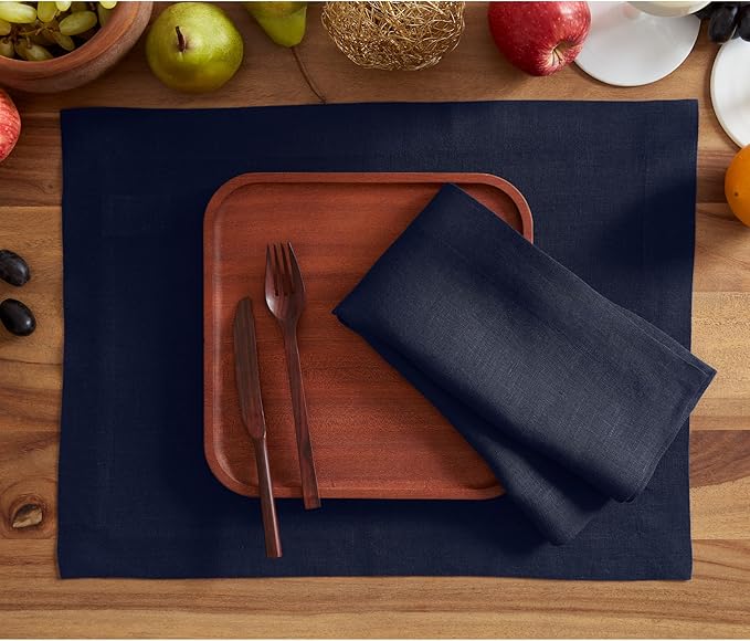Solino Home Linen Placemats Set of 6 - Indigo Navy Placemats 14 x 19 Inch - 100% Pure Linen Table Place Mats for Winter - Sonoma