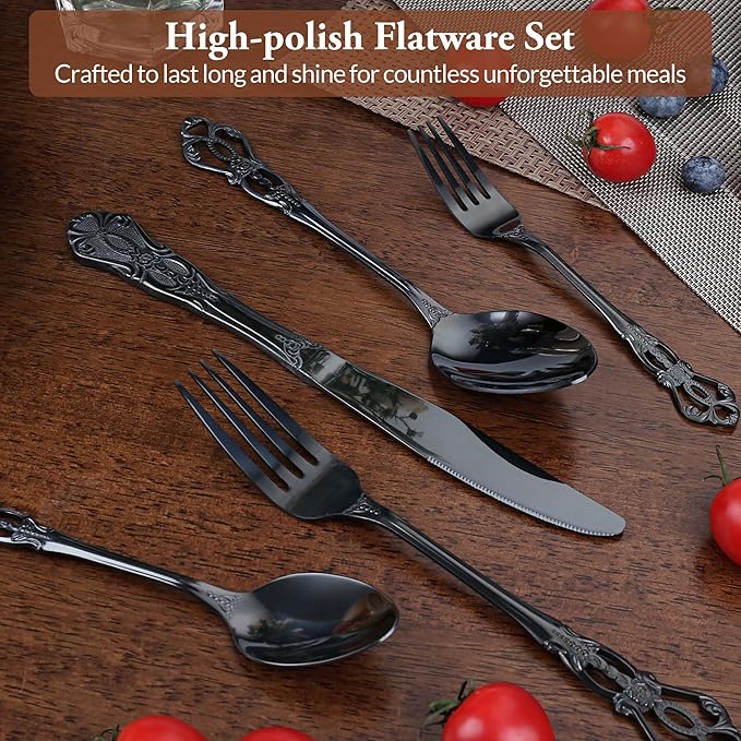 Black Silverware Set, 30 Pieces Retro Royal Silverware Set for 6, Gothic Decor Stainless Steel Flatware Set Including Fork Spoon and Knife, Dishwasher Safe, Black