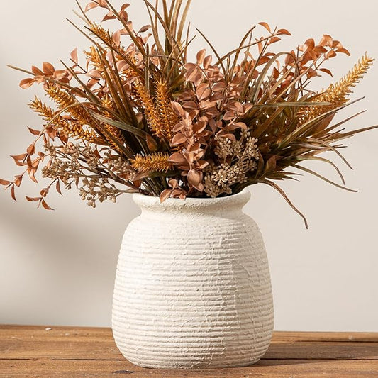 Ceramic Flower Vase, 7.48 Inch White Rustic Farmhouse Decorative Vase Pottery Wide-Mouth Vases for Home Decor Table Living Room Entryway Mantel Bookshelf Bedroom Bathroom Kitchen