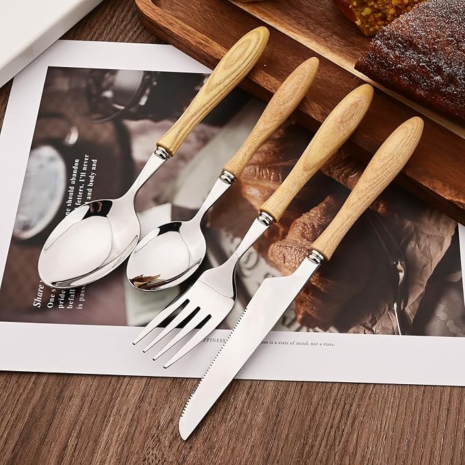 304 Stainless Steel Flatware Silverware Set with Wooden Handles, Rustic Tableware Cutlery Set for 6, Natural Wood Grain Knives Forks Spoons Set, (24 PCS, White Ash Wood Handle)