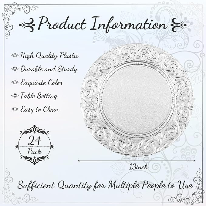 Uiifan 24 Pcs Antique Charger Plates Bulk 13'' Plastic Embossed Dinner Plate Chargers Round Floral Plates for Wedding Decorative Chargers for Table Dinner Kitchen Party Decoration (Silver)