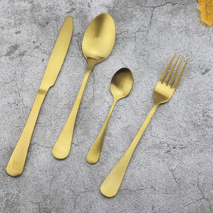 JASHII Matte Gold Silverware Set, 4-Piece Stainless Steel Flatware Set, Kitchen Utensil Set Service for 1, Tableware Cutlery Set for Home and Restaurant, Dishwasher Safe (Gold full)