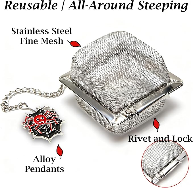 Spider Tea Infuser Set, 2 PCS Cube Tea Strainer Balls for Loose Leaf Tea with Halloween Spider Charm Pendant, Fine Stainless Steel Mesh Tea Diffuser Gift for Tea Lovers