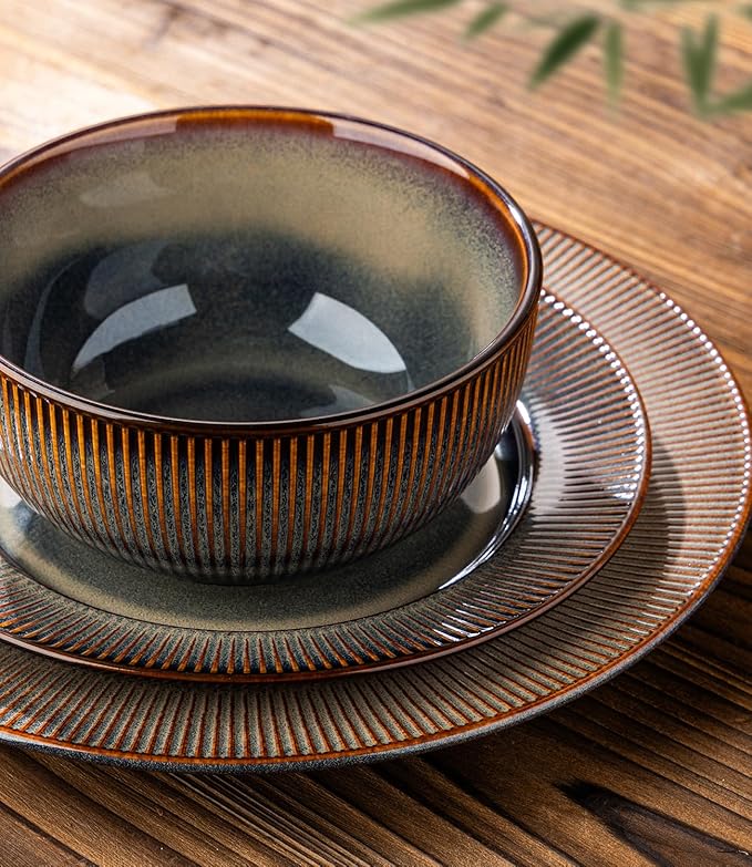 TheTerra Stoneware Dinnerware Sets for 6, 18 Pieces Ceramic Lightweight Plates and Bowls Sets, Scratch Resistant Embossed Dish Set, Oven, Microwave & Dishwasher Safe, Coca Mocha