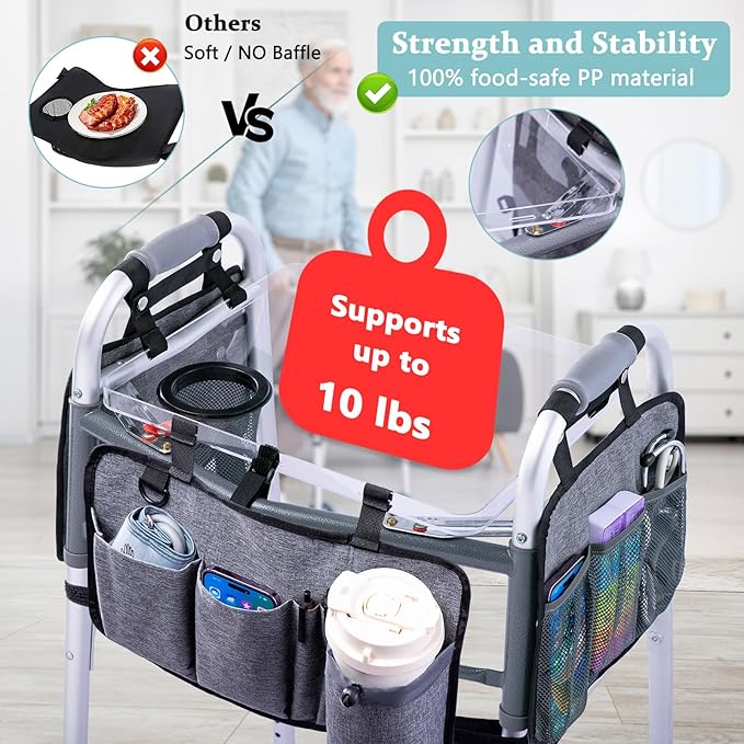 BAGSFY Clear View Walker Tray with Cup Holder & Front, Side Pockets, Transparent Folding Walker Table for Seniors, 8.8lbs Load-Bearing Sturdy PP Tray, Universal Fit Walker Accessory for Elderly