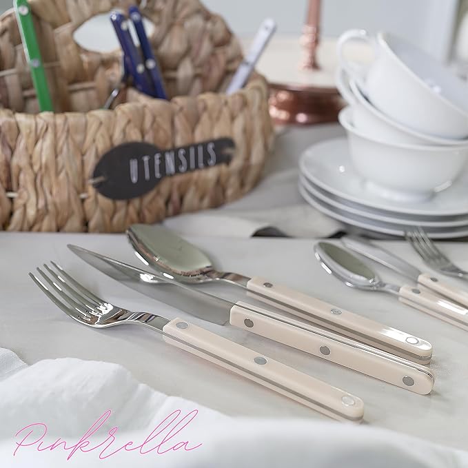6-Piece Stainless Steel Flatware Silverware Cutlery Set - Color Handle with Rivet/Retro Style - Includes Dinner Knife; Dinner Fork; Salad Fork; Soup Spoon; Teaspoon; Spreader (IVORY)