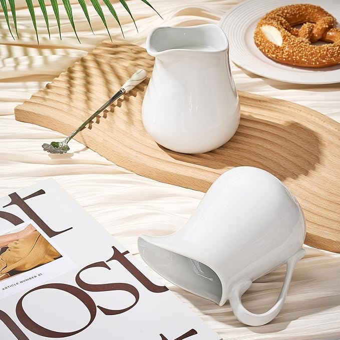 Nuanchu 2 Pcs 16 oz Creamer Milk Pitcher, Classic White Porcelain Creamer with Handle, Ceramic Maple Syrup Dispenser, Coffee Dairy Container for Milk Sauce Salad, Microwave