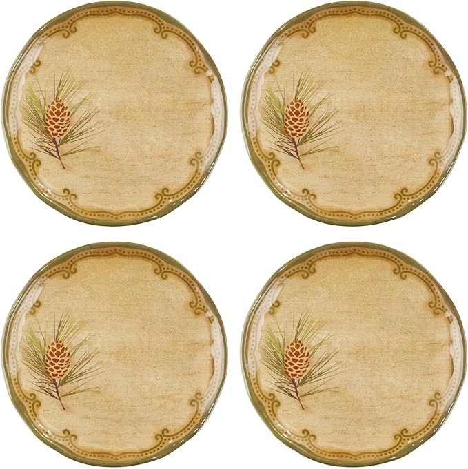 UP UPware Woodland Pinecone Melamine Round Dessert Plates, Small Serving Plates, for Appetizer, Snacks, and Side Dishes, Beige and Green, 6 Inch, Set of 4