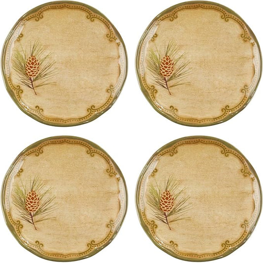 UP UPware Woodland Pinecone Melamine Round Dessert Plates, Small Serving Plates, for Appetizer, Snacks, and Side Dishes, Beige and Green, 6 Inch, Set of 4