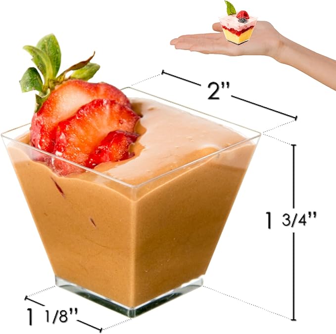 DLux 100 x 2oz Square Mini Dessert Cups (No spoons), Clear Plastic Parfait Appetizer Cup - Small Reusable Serving Bowl for Tasting Party Desserts Appetizers - With Recipe Ebook