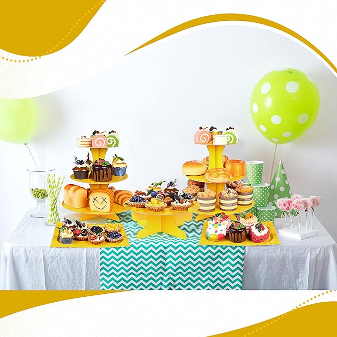 Zopeal 7 Pcs Dessert Table Display Set 3-Tier Cupcake Stand 1-Tier Cup Cake Display Tower Platters and Serving Trays Cardboard Cake Cookie Holders for Wedding Birthday Party Baby Shower(Yellow)