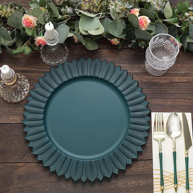 13" Charger Plates - Set of 24 - Matte Teal Sunflower Plastic Chargers, Disposable Round Acrylic Serving Trays For Dinner Wedding Party Events