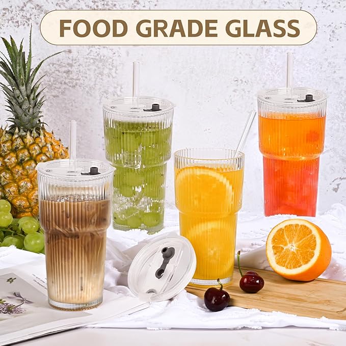 AFINSEA 20OZ Glass Tumbler with Straw and Lid,Glass Cups with Lids and Straws,4PCS Ribbed Iced Coffee Cups Vintage Glassware for Juice Whiskey Cocktail Beer