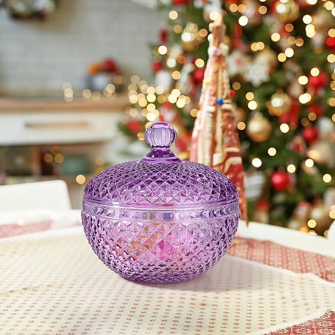 Joeyan 12 oz Small Purple Glass Jewelry Box Jars with Lid,Embossed Glass Candy Dishes,Diamond Faceted Food Container,Decorative Apothecary Canisters,Colored Kitchen Bathroom Buffet Storage Organizer