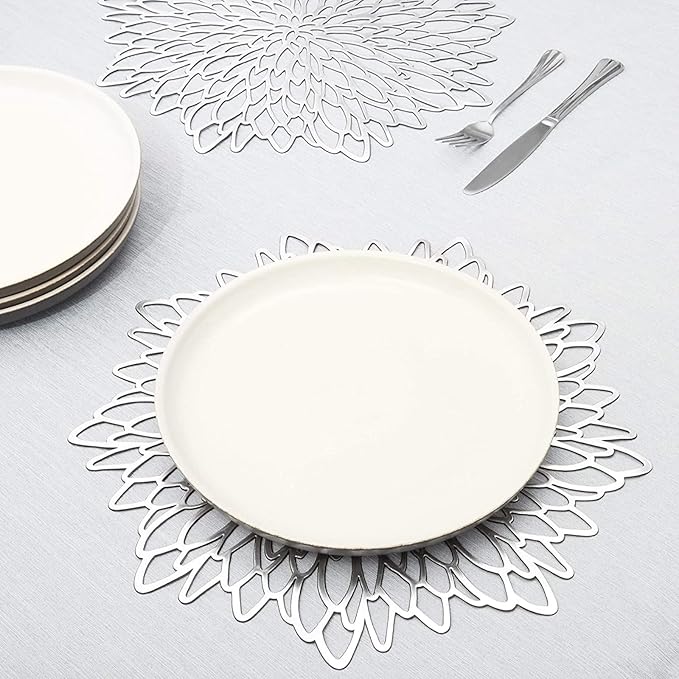 Juvale 10 Pack Silver Metallic Vinyl Placemats - 14.4" x 14.4" Round Table Mats and Chargers with Leaf Design for Elegant Table Decor and Protection - Stylish Charger Plates for Weddings and Parties
