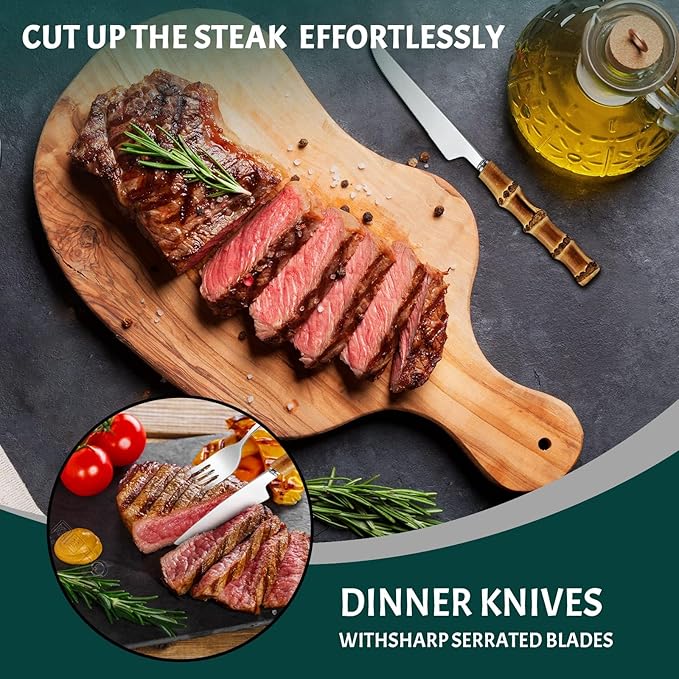 90-piece bamboo silverware cutlery set for 18, bamboo handle cutlery set reusable, flatware stainless steel, forks and spoons set for eating,dishwasher safe