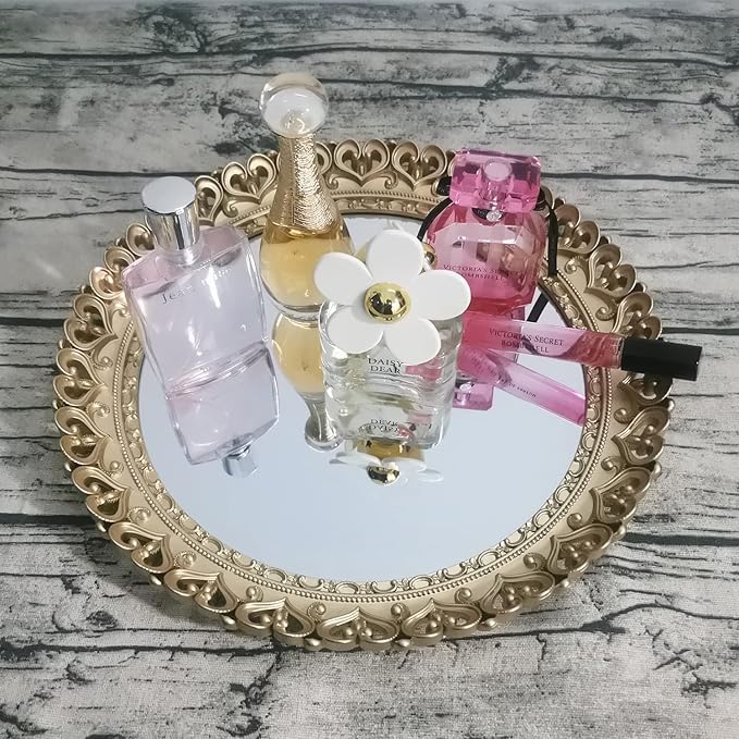 Hamphinee Crown Mirror Tray, Dresser Organizer Tray，Decorative Perfume Mirror Tray, Serving Tray, 12”X12, Gold