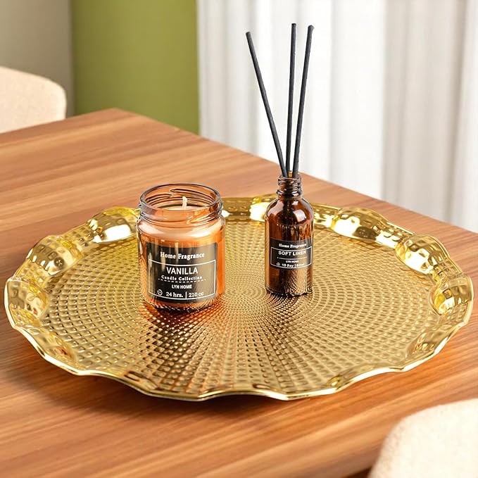 Alisveristime Round Metal Serving Tray for 6 – Ottoman Motif, (13.8" Diameter, 17.5 oz) (Gold)