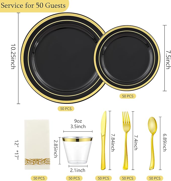 350 PCS Black and Gold Dinnerware Set for 50 Guests, Black Plastic Disposable Plates with Gold Rim for Party -50 Dinner Plates, 50 Dessert Plates, 150 Silverware Set,50 Napkins and 50 Cups