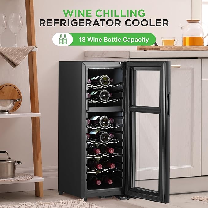 Nutrichef 18 Bottle Wine Fridge - Dual Zone Wine Chiller, Adjustable Temperature 41°F to 64°F, Ultra Quiet Operation, Free Standing Wine Cooler For Home, & Office, 32 x 11 x 26 IN (Black)