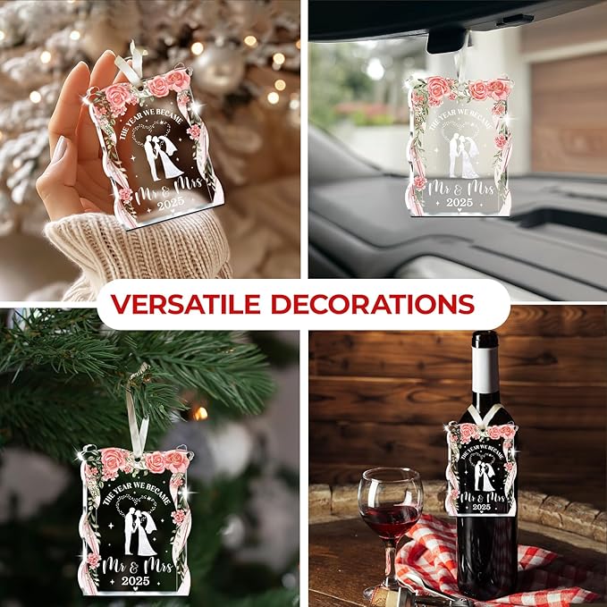 NewEleven Wedding Gifts - Mr and Mrs, Bridal Shower Decorations - Wedding Gifts for Couples 2025, Bride Gift for Friends - Just Married Glass 2025 Ornament