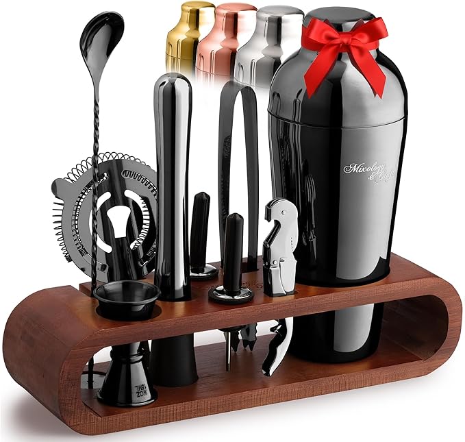 Mixology & Craft Bartender Kit: 10-Piece Cocktail Shaker Set with Dark Bamboo Stand | Complete Cocktail Kit Gift Set | Top Bartender Gifts for Men & Women | Leak-Proof Design (Gun Metal)