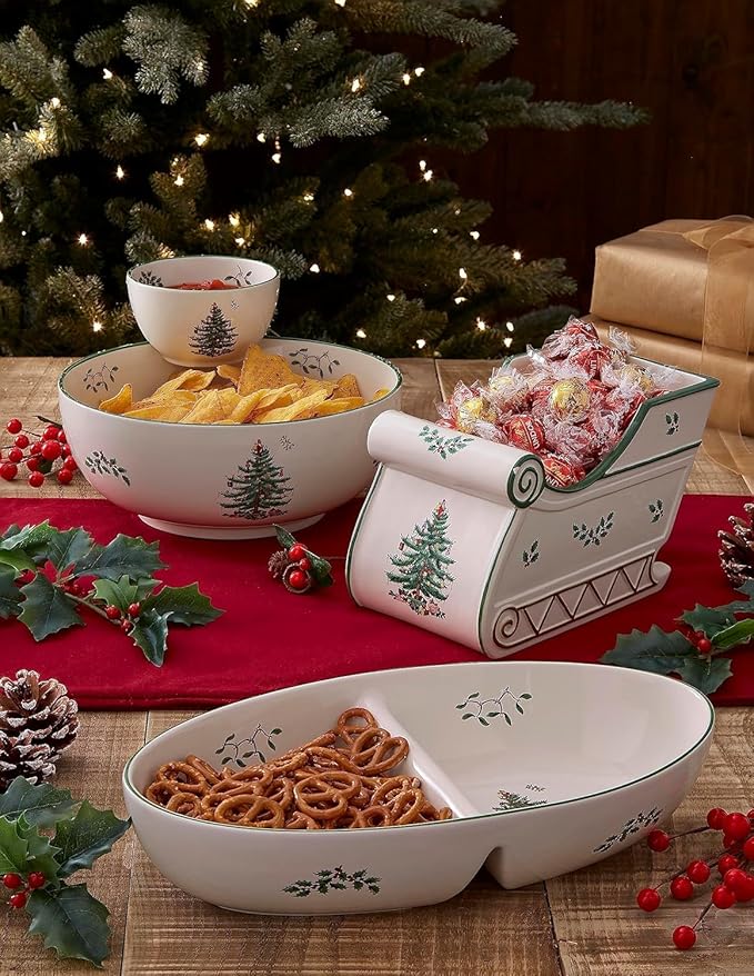Spode Christmas Tree Tiered Chip and Dip Serving Set - 2-Piece Festive Snack Platter - Iconic Christmas Tree Motif - Porcelain, Dishwasher, Microwave, Freezer Safe - Holiday Serveware