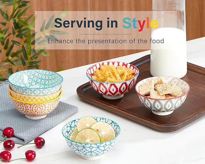 ONEMORE 10 oz Porcelain Cereal Bowls Set of 6 - Ceramic Bowls for Soup, Ice Cream, Breakfast - Microwavable Dishwasher & Oven Safe, Small Dinner Bowl, Stackable Artistic Bowl- Assorted Colors