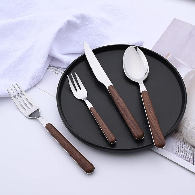 Brown Silver Silverware Set, 16 Pieces Stainless Steel Flatware Cutlery Set with Faux Wooden Handle, 4 x Dinner Knife, 4 x Dinner Fork, 4 x Tablespoon, 4 x Fruit Fork, Mirror Polished