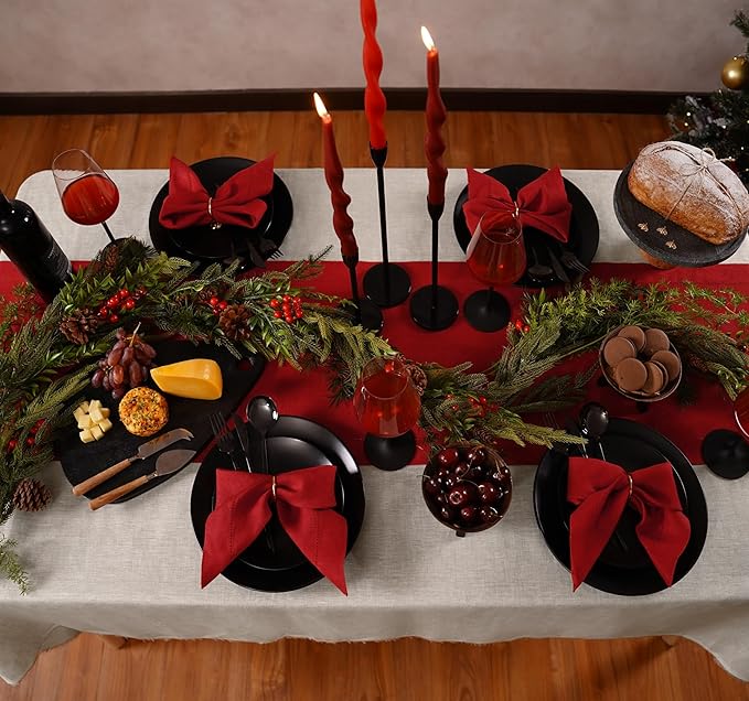 Home Ekaa 100% Pure Linen Red Table Runner 14 x 120 Inch Long - Washable Cloth Fabric Hemstitch Runner for Christmas, Fall, Winter, Holiday & New Year - Elara