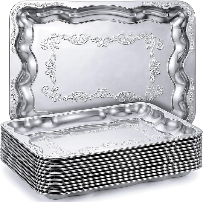 12 Pack Silver Serving Trays Set for Party, Butterfly Floral Silver Platter Engraved Mirror Tray, 15.8 x 11.6 Inches Elegant Metal Plate for Christmas Food Appetizer Cookies Desserts